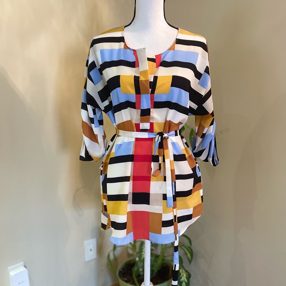 Geometric Print Belted Shirt Dress with 3/4 Sleeves